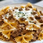 Cheesy Beef Bowtie Pasta In Rich Alfredo Sauce