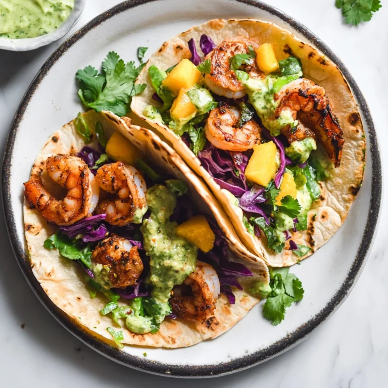 Spicy Shrimp Tacos with Mango Slaw and Avocado Crema