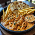 Creamy Butter Chicken with Garlic Drizzle, Golden Fries & Warm Naan