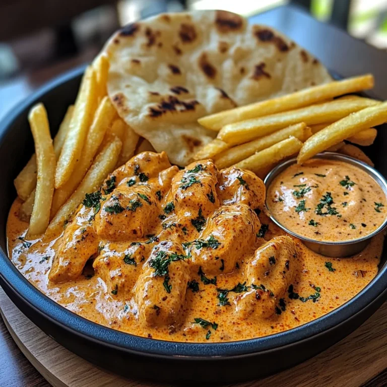 Creamy Butter Chicken with Garlic Drizzle, Golden Fries & Warm Naan