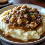 Delicious chicken hamburger Gravy Over Mashed Potatoes
