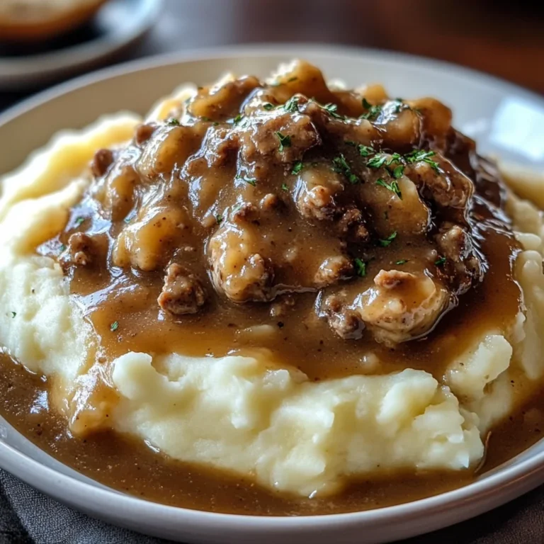 Delicious chicken hamburger Gravy Over Mashed Potatoes